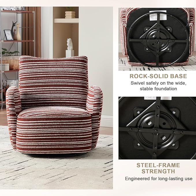 360° Swivel Accent Chair with Armrest Modern Striped Upholstered Lounge Chair Stable Round Base &amp Sturdy Metal Frame Armchair for Bedroom Living Room Office &amp Vanity (Oxblood)
