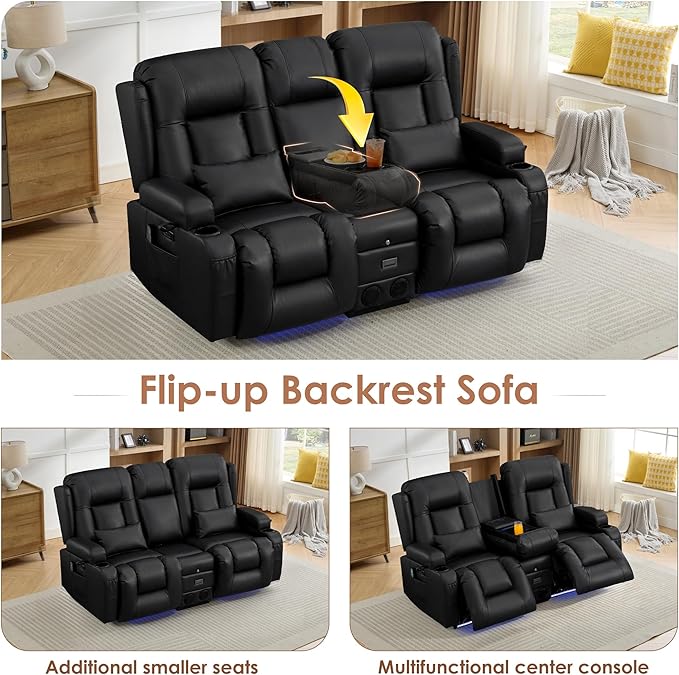 TUNYI Wall Hugger Loveseat Recliner Sofa with Console Power Reclining Loveseat RV Couch with Massage &amp Heat/USB/Outlet/Storage/LED Light/Speaker (Black)