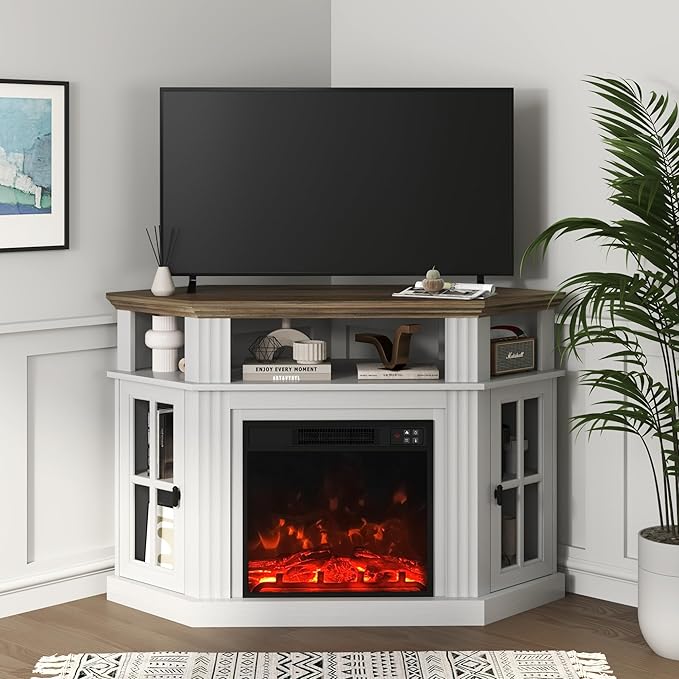 YESHOMY Corner Fireplace TV Stand for Television up to 55 with Storage Cabinets Entertainment Center Media Console for Living Room Bedroom White＆Rustic