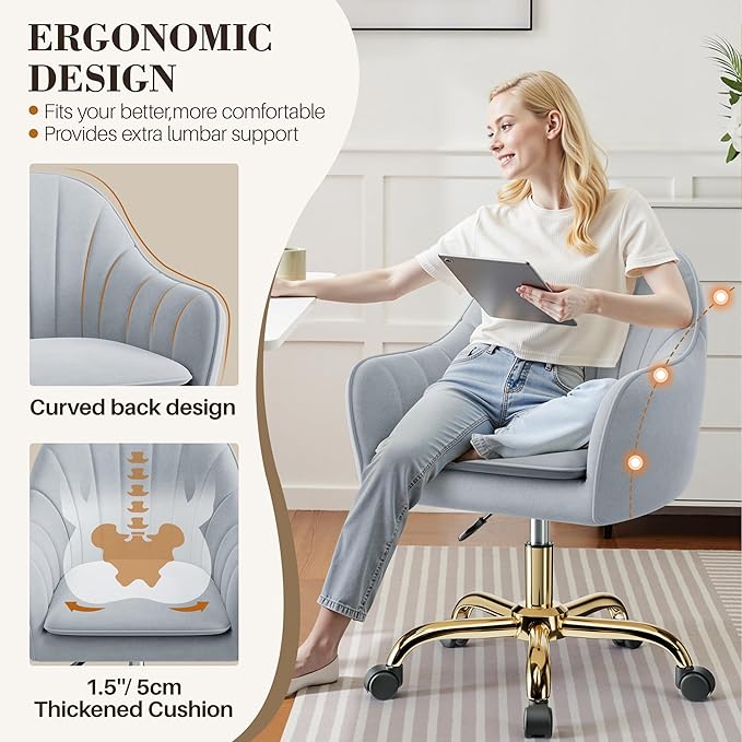 Vanity Chair with Wheels Comfy Home Office Desk Chairs Adjustable Modern Velvet Makeup Vanity Chairs for Bedroom Living Room-Gray