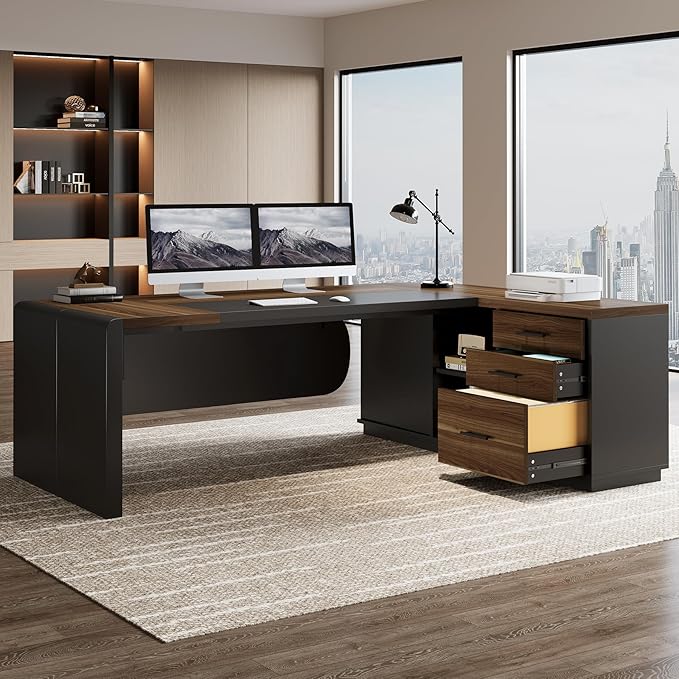Tribesigns 80'' L-Shaped Desk Set of 2 Large Executive Office Desk with 55'' Drawers Cabinet Modern Computer Table with Storage Shelves Business Furniture for Office Brown