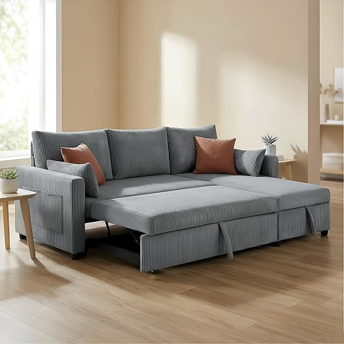 Queen Sleeper Sofa Convertible Sofa Bed with Storage 85 Inch Sectional Couch with Pull Out Bed L Shaped 3 Seat Sectional Sleeper Sofa for Living Room Apartment Grey