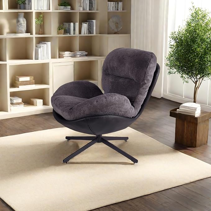 360° Swivel Office Chair Modern Chenille Chair with Faux Leather and Black Metal Base e No Wheels Accent Chair for Small Spaces Living Room Bedroom Reading Corner Office Dark Gray