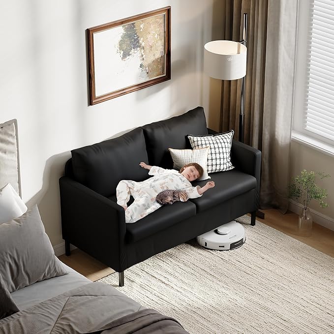 TYBOATLE Faux Leather Modern Small Couches for Small Spaces Comfy Upholstered Love Seat for Bedroom 2 Seater Mini Couch for Apartment Dorm Office Black
