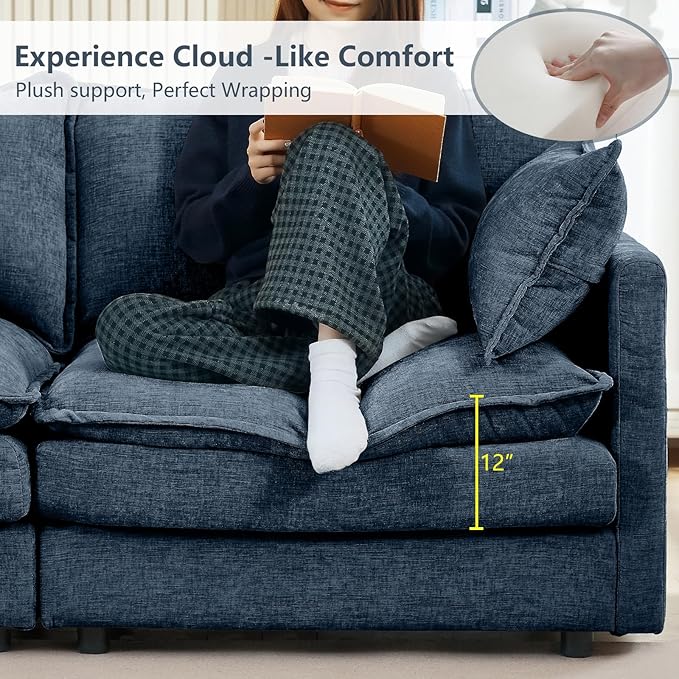 GNIXUU 102 Modular Sectional Sofa L Shaped Cloud Couch with Movable Ottoman &amp 4 Pillows Deep Seat Chenille 4 Seater Sectional Couches for Living Room Apartment (Blue)