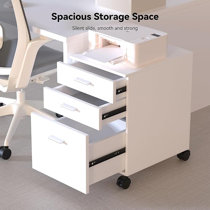 3 Drawer File CabinetPreassembled White Wooden Storage Organizer for FilesUnder Desk Printer StandMobile on Wheels19 L x 16 W x 22 H