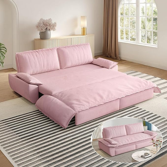 73.2 Queen Size Sofa Bed 3 in 1 Convertible Pull Out Sleeper Sofa with Thicked Cushions and Side Storage Velvet Loveseat Couch for Home Living Room Bedroom Apartment Lounge Small Spaces Pink
