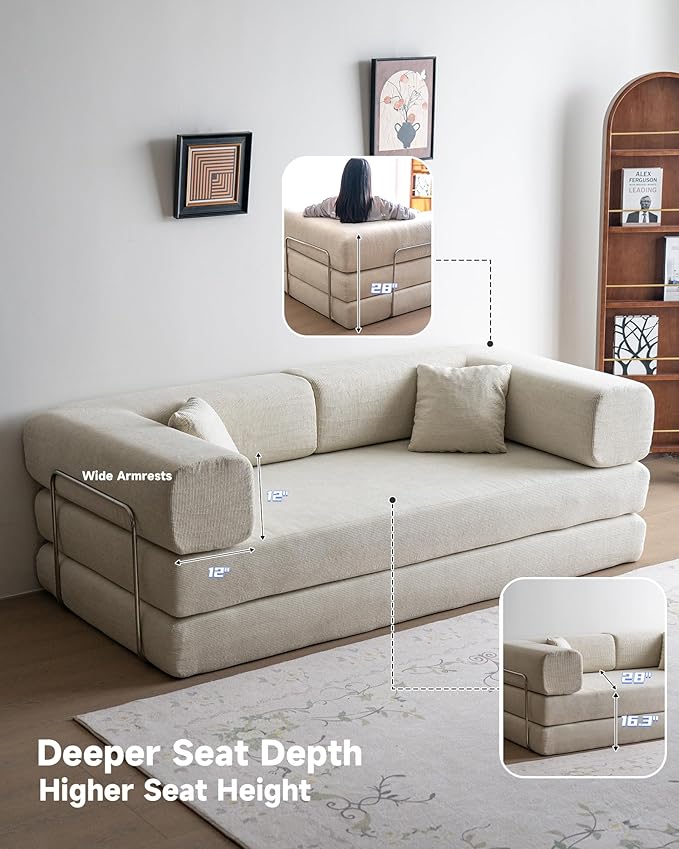 No Assembly Convertible Sofa Bed &amp 79 Boneless Couch with Pocket  5-in-1 Futon Sofa Bed with 2 Pillows Modular Pull Out Couch Bed with FrameCompression in Box for Living Room Small Spaces Beige