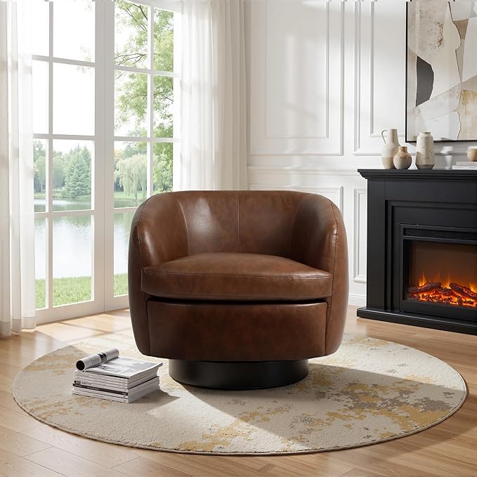 UIXE PU Leather Swivel Barrel Accent Chair Comfy Round Upholstered Armchair Reading Chair for Living Room Barrel Club Chairs Bedroom Brown