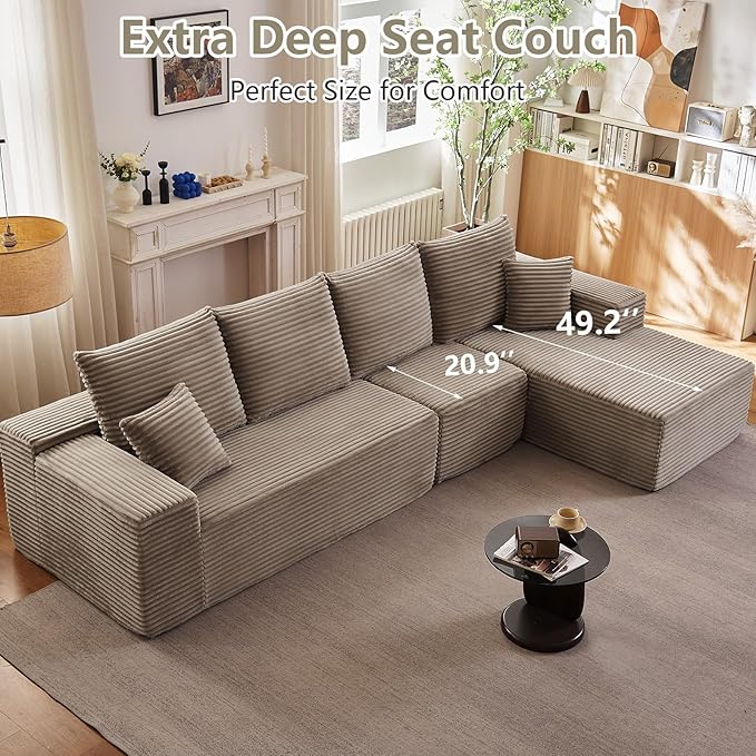 135 Cloud Sectional Couch with L-Shape Chaise Modern Modular Comfy Sofa Chaise Longue Upholstered Corduroy Couches Sleeper with Deep Seat for Living Room Bedroom No Assembly Required Camel