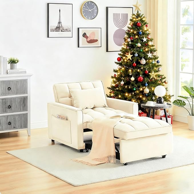 3 in 1 Convertible Sleeper Chair Modern Pull Out Couch Bed Single Recliner with Adjustable Back Velvet Futon Folding Sofa Bed Chair for Living Room Bedroom Small Spaces (Creamy White)