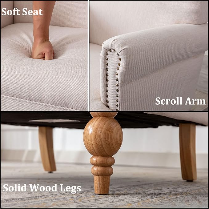 Beige Linen Fabric Accent Chairs Set of 2 Modern Farmhouse Upholstered Armchairs with Nailhead Trim &amp Ball Turned Legs French Country Club Chairs for Living Room Bedroom Guest Room