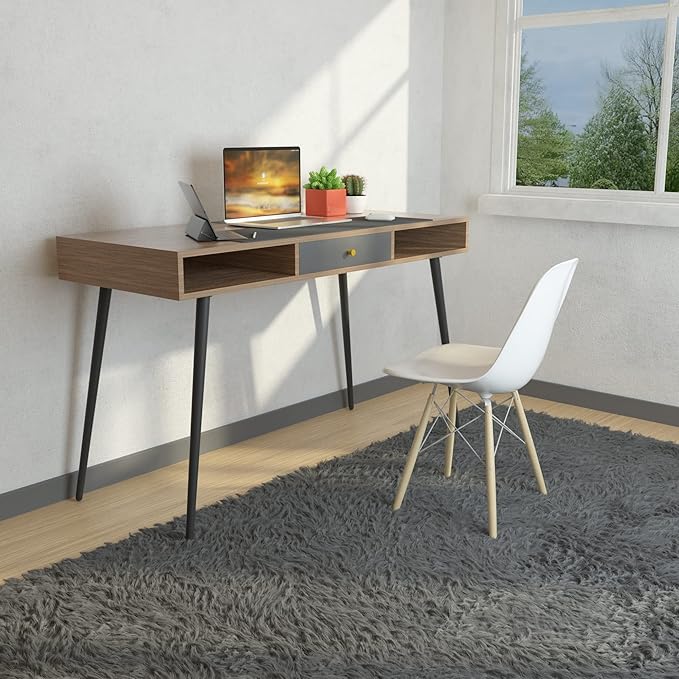 Mid Century Desk with USB Ports and Power Outlet Modern Writing Study Desk with Drawers Multifunctional Home Office Computer Desk Walnut