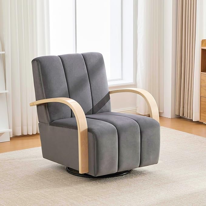 30.3 W Swivel Modern Boucle Upholstered Accent Chair with Solid Wood Armrests Comfy Lounge Reading Chair Side Armchair for Hotel Bedroom Living Room Office Nursery Room (Charcoal+Velvet)