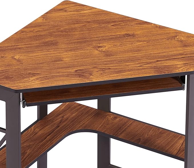 VECELO Corner Desk Computer Desk Writing Table with Smooth Keyboard Tray &amp Storage ShelvesCompact Home Office Triangle TableTeak