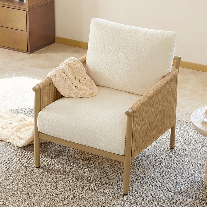 CHITA Braid Accent Chairs Modern Armchair with Wood-Like Finish Metal Frame for Living Room and Bedroom Boho Reading Chair Cream