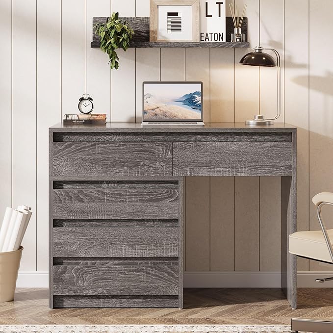 Tribesigns Computer Desk with 5 Drawers Executive Home Office Desk with File Cabinet and Printer Stand Industrial Rustic Wood Desk for Small Spaces Study Writing Workstation (Gray)