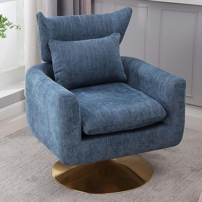 Swivel Accent Chairs for Living Room Mid Century Modern Accent Chair with Arms Comfy Side Chairs for Living Room with Gold Base &amp Lumbar Pillow Upholstered Armchair with Wingback (Blue)