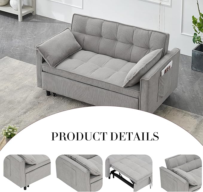 3 in 1 Corduroy Convertible Sofa Bed Pull Out Couch Bed with Reclining Backrest and 2 Pillows 54 Full Size Loveseat Sleeper Sofa Futon Couch Beds Couches for Small Spaces Living Room (Gray)