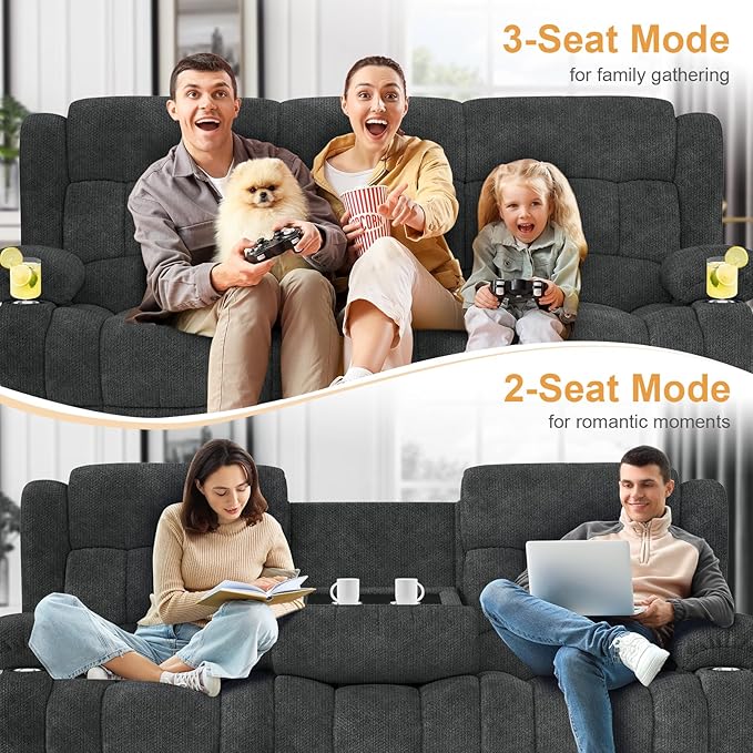 Loveseat Recliner Sofa Flip Middle Backrest Design 3 Seat Reclining Sofa with Storage Drawer USB Ports &amp Cup Holders Manual Couch for Living Room/RV (Gray)