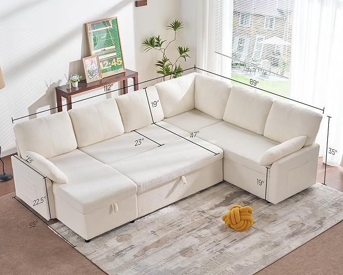 PaPaJet Sofa Bed 112 Inch Sleeper Sofa Oversized U Shaped Couch with Storage Chaise Pull Out Couch for Living Room White Boucle