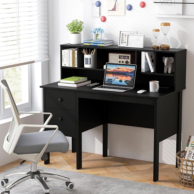 Desk with Hutch &amp Charging Station Home Office Desks with 5-Cubby Hutch 2 DrawersUSB Charging Ports &amp Power Outlets Student Desk Study Table (Black)