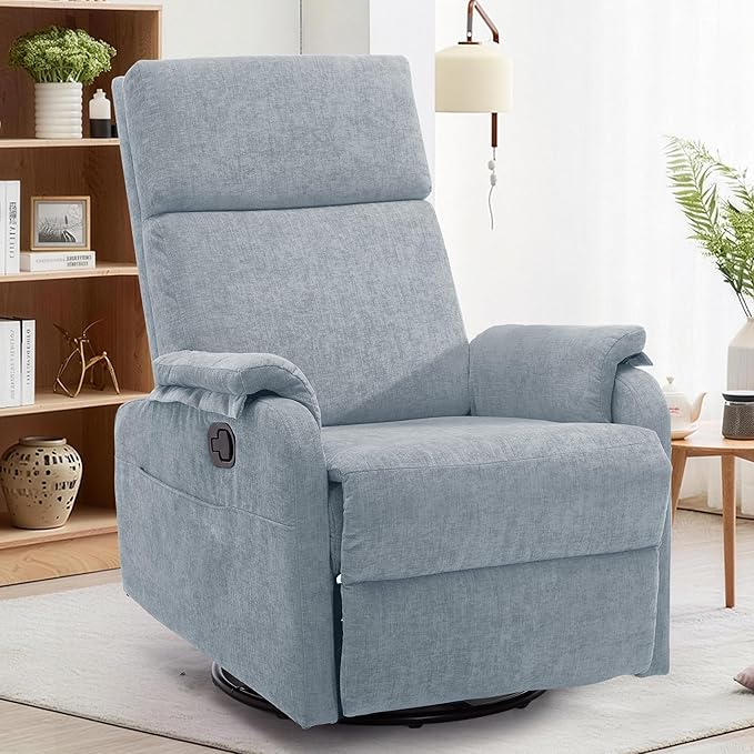 Recliner Chair Swivel Rocking Recliner Chair for Adults Glider Rocking Chair Small Nursery Chair Recliner for Living Room Reclining Chair with Modern-Designed Armrests Chenille Blue