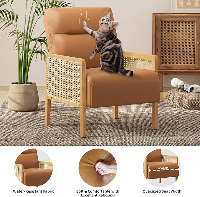 Rattan Accent Chair with Rattan Arms Mid Century Modern Chair for Living Room Faux Leather Upholstered Comfy Chair for Bedroom Reading Room Home Office Whisky Brown