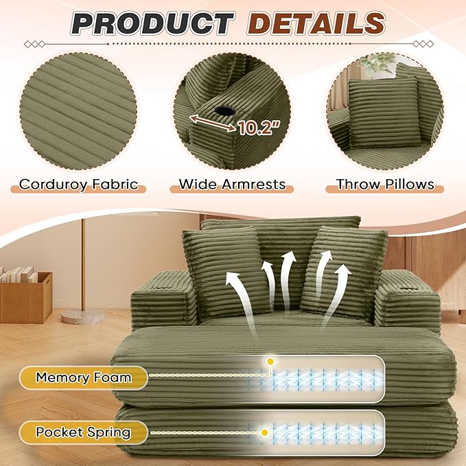 Antetek Boneless Corduroy Chaise Lounge Chair Indoor 52-inch 4-in-1 Folding Convertible Sofa Bed w/Cup Holders Modern Cozy Reading Accent Chair for Living Room No Assembly Green