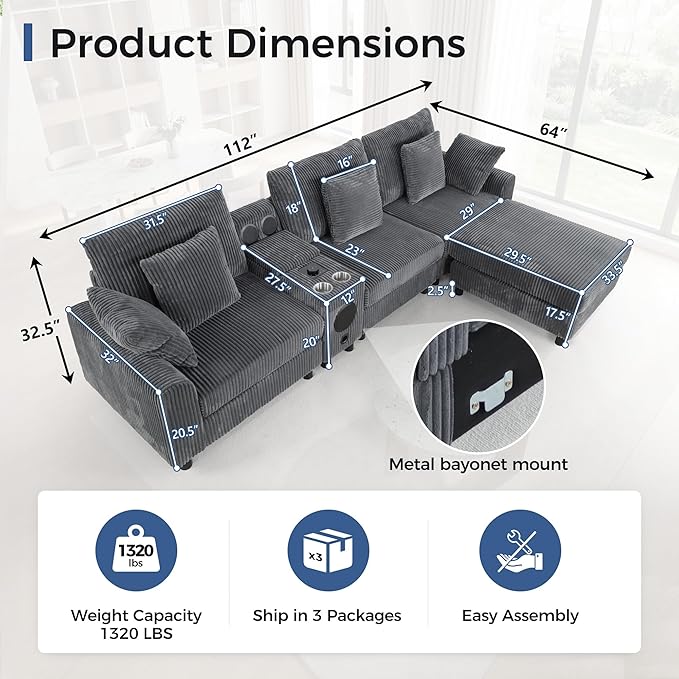 114 Corduroy Modular Sectional Sofa with Bluetooth Speakers &amp USB Ports Deep Seat L Shaped Couch with Storage Console Cup Holders Movable Ottoman Cloud Comfy Gaming Sofa for Living Room (Gray