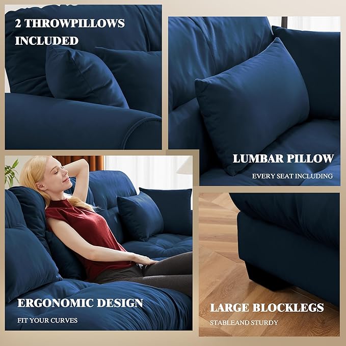 Oversized Modular Velvet Sectional Cloud Sofa Couch with Movable OttomanCorner Sofa with Comfortable Armrests Deep Seat Convertible L or U Shaped Couch (Blue 2 Seat +2 Ottoman)