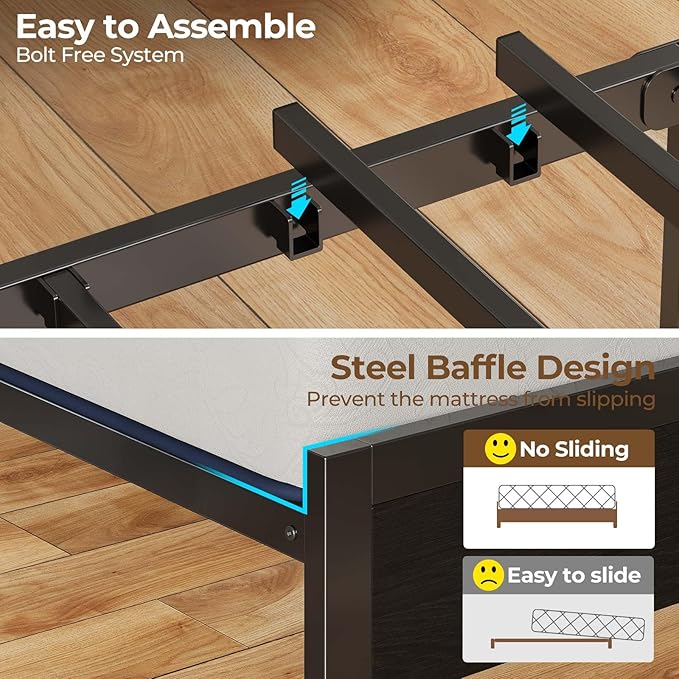 Rolanstar Queen Bed Frame with LED Lights Upholstered Headboard Charging Station Storage Shelves Heavy Duty Metal Slats No Box Spring Needed Noise Free Easy Assembly Dark Grey
