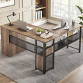 LVB Wood L Shaped Desk Large Computer Office Desk with File Cabinets Reversible Executive L Shape Gaming Desk with Drawers Metal Wooden Corner Desk Table with with Storage Shelf Rustic Oak 59 Inch