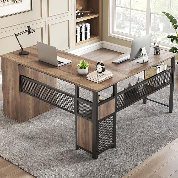 LVB Wood L Shaped Desk Large Computer Office Desk with File Cabinets Reversible Executive L Shape Gaming Desk with Drawers Metal Wooden Corner Desk Table with with Storage Shelf Rustic Oak 59 Inch