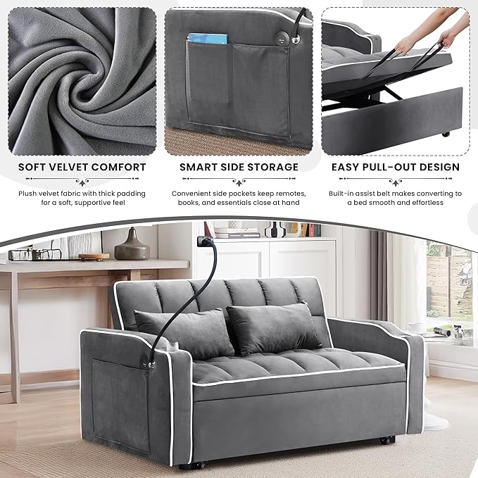 TTK 3-in-1 Convertible Velvet Sleeper Sofa Bed Pull-Out Loveseat with Adjustable Backrest USB Port &amp 2 Pillows Swivel Phone Stand &amp Storage Pockets Modern Futon Couch for Living Room Gray