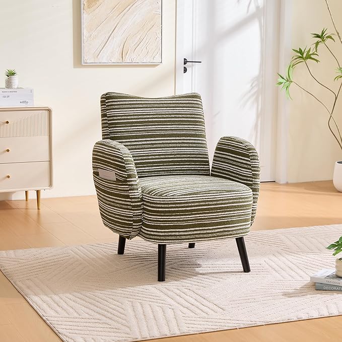 Modern Upholstered Armchair with Side Storage Pocket Fabric Reading Chair with Solid Wood Legs Ergonomic Accent Chair for Living Room Bedroom &amp Office (Green)