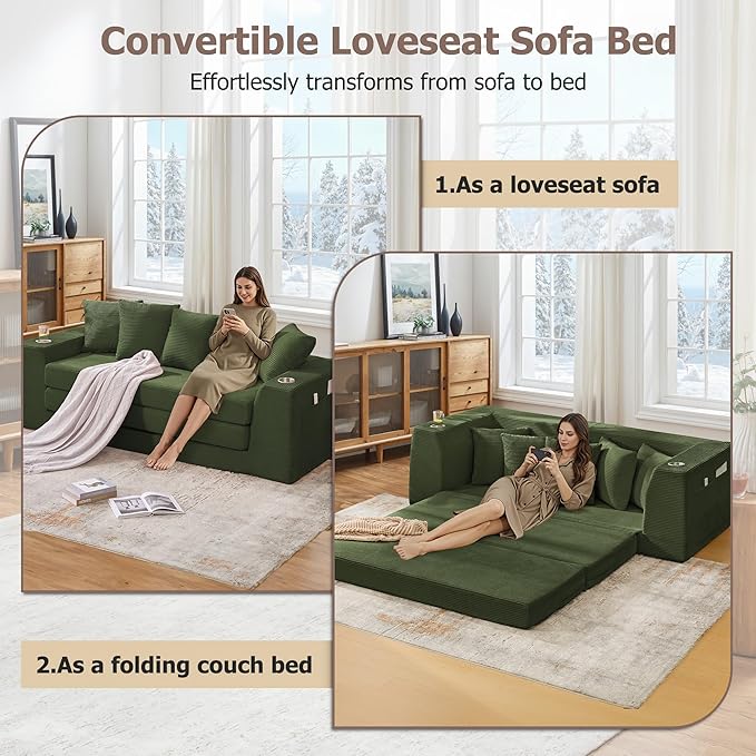 82 Oversized Loveseat Pull Out Sofa 2 in1 Convertible Loveseat Sofa with Pillows Corduroy Folding Couch Bed with Deep Seat Boneless Couch for Small Room No Assembly Required Green