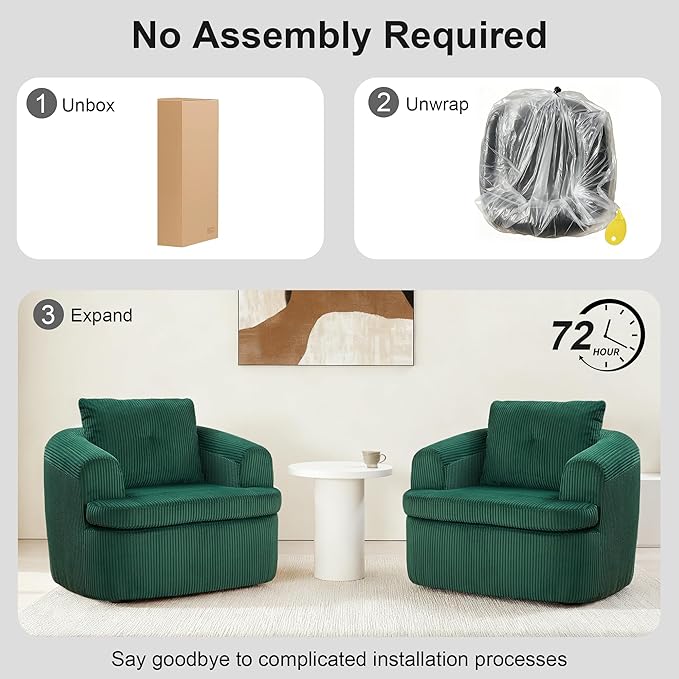 36.6 Swivel Accent Chair 360 Degree Oversized Swivel Barrel Chair for Living Room Modern Corduroy Upholstered Accent Armchair Comfy Boneless Sofa Chair for Bedroom Green