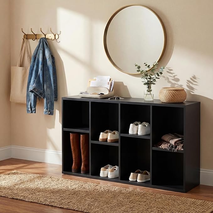 YESHOMY Modern TV Stand for Televisions up to 55 Inch Mid Century Entertainment Center with 8 Open Shelves for 32/43/50/55 Inchs TVs Media Console with Adjustable Shelves for Living Room Black