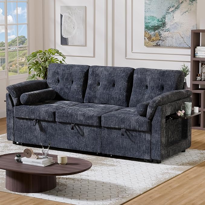 Convertible Queen Sofa Bed 63 Inch Chenille Pull Out Couch with Side Table 3 Seat Pull Out Sofa Bed with Level Adjustable Backrest Comfy Sleeper Sofas for Living Room Apartment Blue