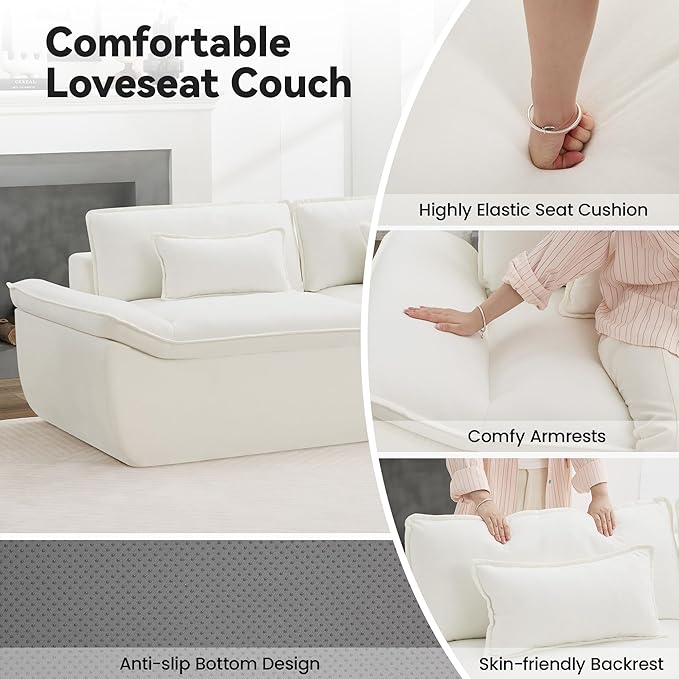 89 Cloud Boneless Loveseat Sofa Couch Deep Seat Love Seat Sofa with Lumbar Pillow 2-Seater Compressed Couches for Living Room Chenille White