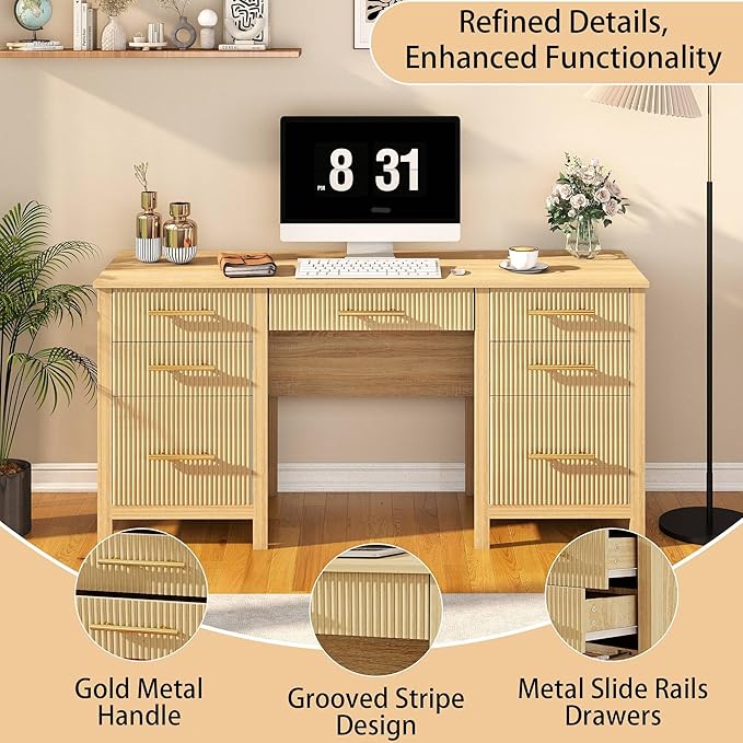 Modern Executive Desk with Drawers: 60 Oak Computer Desk with File Drawer Wood Writing Desk with Storage Fluted Home Office Desks for Living Room