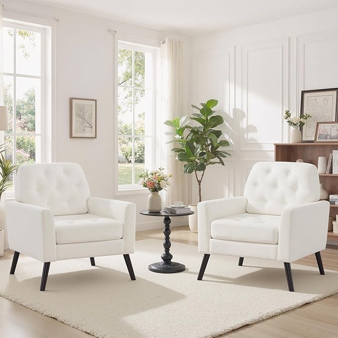 Accent Chair Set of 2 Mid Century Modern Living Room Chairs Upholstered Armchair with Tufted Back &amp Wood Legs Single Sofa Reading Side Chair for Bedroom Office Waiting Room White