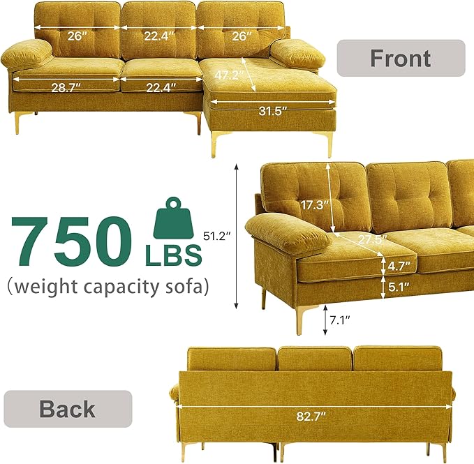 PARKOL 82in L Shaped Sectional Couches Small Lounge Sofa Home Sectional Couches for Living Room Set Clearance Set Couch for Small Space Apartment Yellow Chenille Fabric