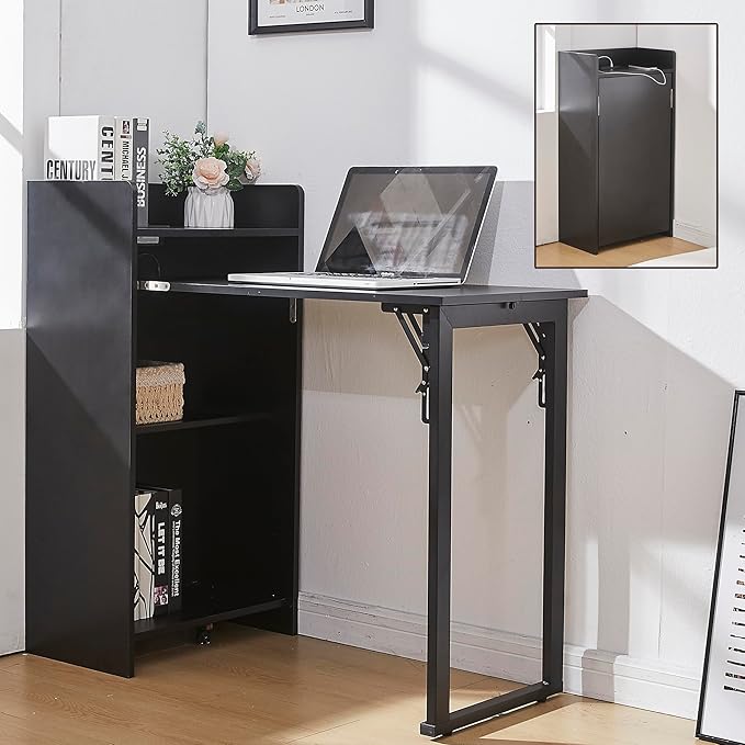 Foldable DeskHidden Desk with Storage and Built-in SocketMid Century Fold Out Table for Small SpacesHome Office and Bedroom (Black)