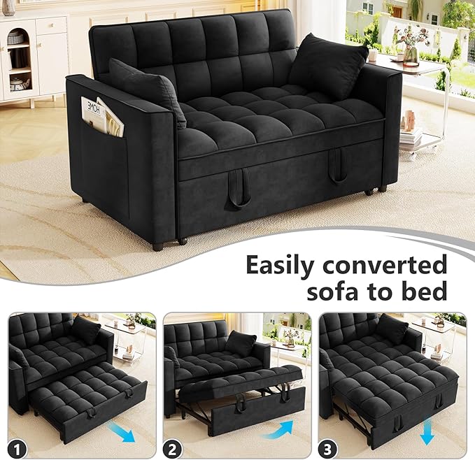 Hison Convertible Sleeper Sofa Bed 3 in 1 Pull Out Couch Bed with Adjustable Backrest Sectional Small couches for Small Spaces Loveseat for Apartment Living Room (Black Velvet)