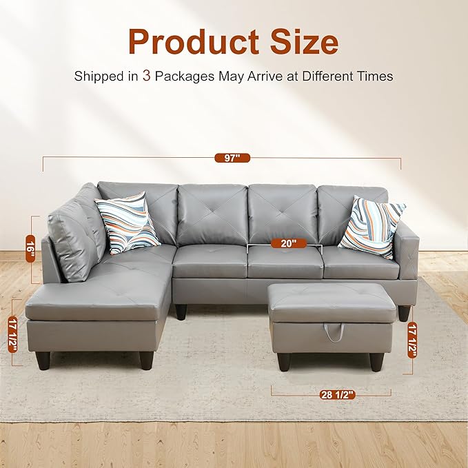 L Shaped Couch Faux Leather Sectional Couches for Living Room Upholstered 3 Pieces Modular Sectional Sofa with Chaise Ottoman with Storage for Living Room and Small Apartment Dark Grey