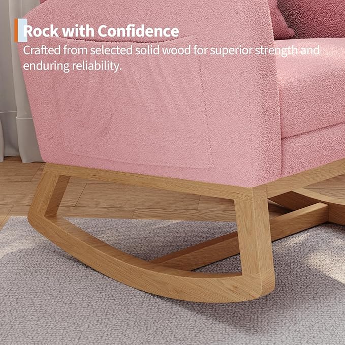 GarveeHome Teddy Fleece Rocking Chair with Footrest Modern Nursery Glider Chair with Side Pockets and Pillow Rocker Chair for Living Room Bedroom Nursing Room Pink