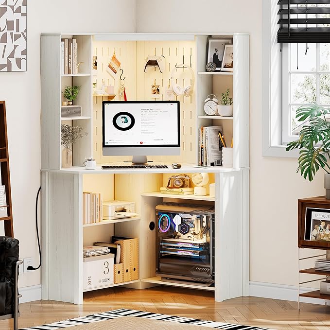 HNEBC Home Office Desk with Power Outlet &amp Chariging StationL-Shaped Corner Desk with Pull-Out LED LightsComputer Desk with Hutch &amp 10 ShelvesPegboards for Work &amp StudyWhite