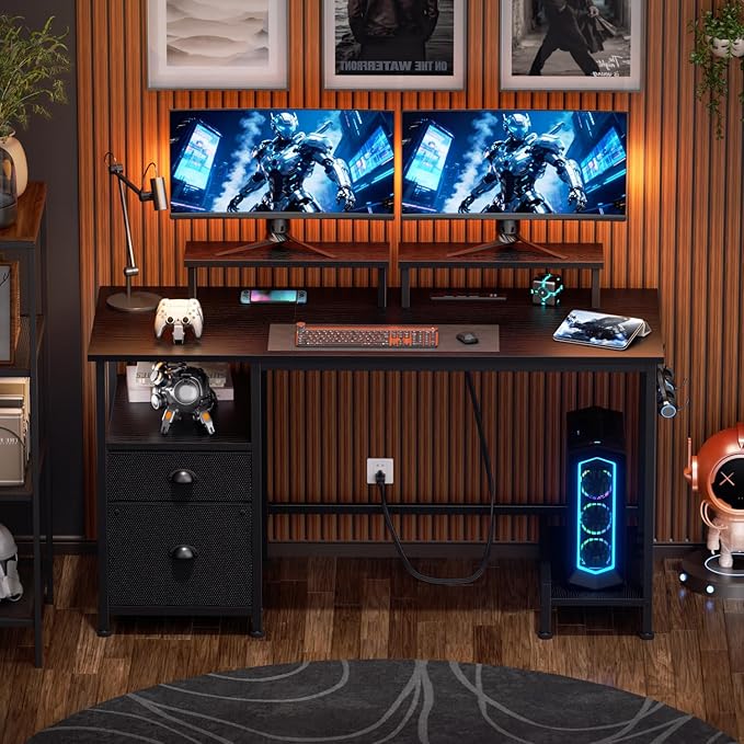 Furologee 47 Computer Desk with File Cabinet and Power Outlets Home Office Desk with 2 Monitor Stands and Storage Drawer Gaming Table with Shelves and 2 Hooks for Bedroom Black